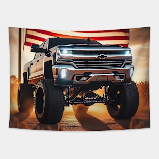 Chevrolet Silverado and The American Flag by Gas Autos Tapestry