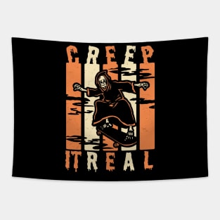 Creep It Real Spooky Halloween Skeleton Skateboarding Skater Tapestry