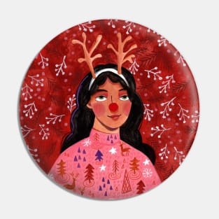 Festive holiday reindeer woman portrait Pin