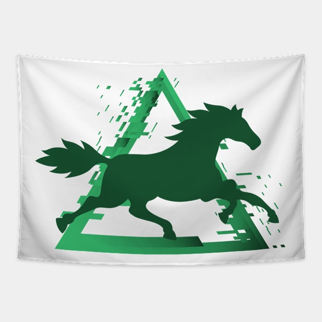 Horse Trotting with a Pixelated Triangular Explosion: Modern Design (green) Tapestry by Stupid Coffee Designs