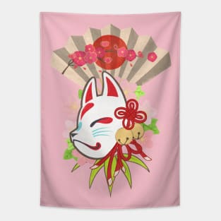 Good Luck Kitsune Mask - a smiling Japanese fox mask to bring good luck Tapestry