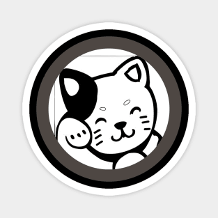 Cute cartoon kitty pawing its face, black& white circle frame Magnet