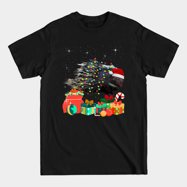 Porcupine Christmas Hat Lights Family Xmas Gift Love Animals - Porcupine Christmas Lights Gifts Family - T-Shirt