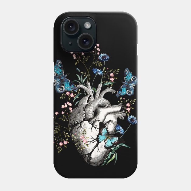 Human heart anatomy with blue butterflies and flowers, floral art of human heart Phone Case by Collagedream