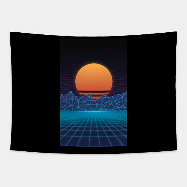 Outrun sunrise Tapestry by Kiboune
