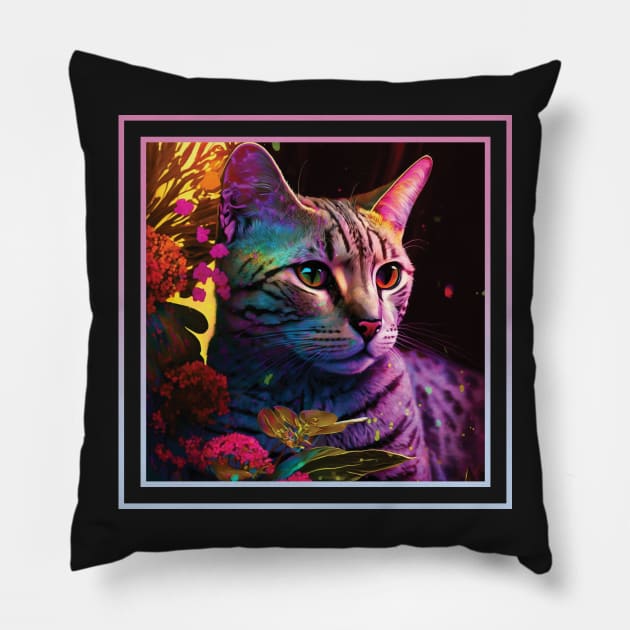 Cuddly Egyptian Mau Cat Floral Vibrant Tropical Digital Oil Painting Portrait Pillow by ArtHouseFlunky