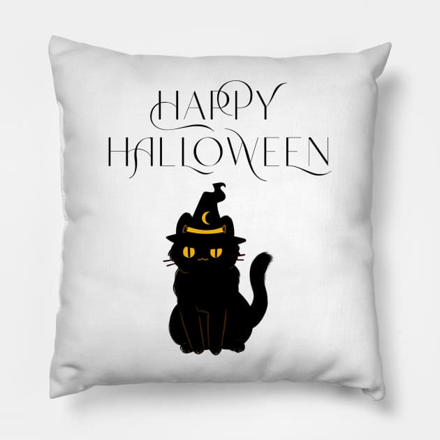 Cute Happy Halloween Black Cat Witch Hat T-Shirt/Halloween Apparel/Black Cat Merchandise/Fall Festival Material Pillow by The Bunni Burrow