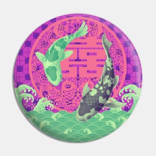 Double Happiness Green Koi Fish Dancing in the Ocean with Pink Tile Floor Pattern Pin