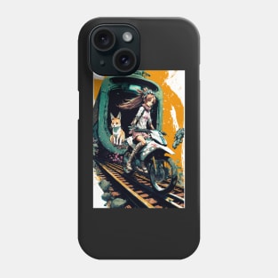 Japanese anime girl riding a bike on the train track Phone Case