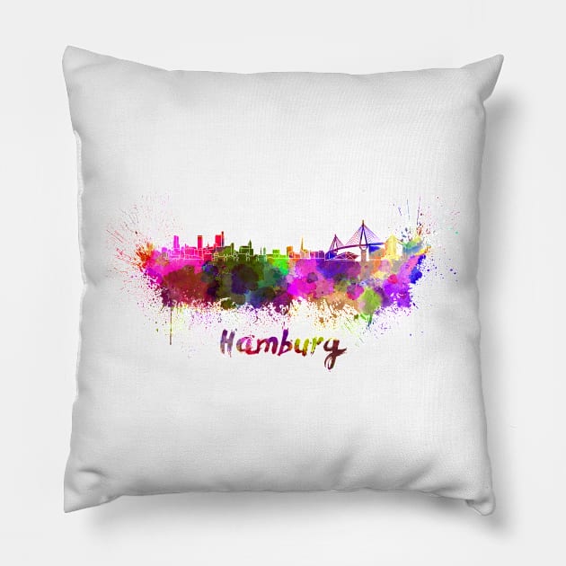 Hamburg skyline in watercolor Pillow by PaulrommerArt