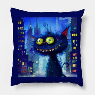 Coffee Drinking Blue Cat Stays Up All Night in the City Pillow