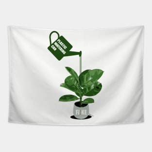 Green plastic watering can For a fake Chinese rubber plant. - Original illustration by FOGS Tapestry