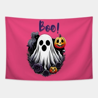 Cute Boo Halloween Ghost with Pumkins and Roses Tapestry