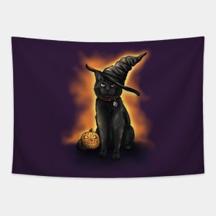 Halloween Cute Black Witch's Cat with Pumpkin Tapestry