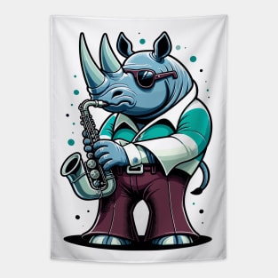 Groovy 70s Saxophone-blowing Rhino - Colorful Cartoon Vector Art Tapestry