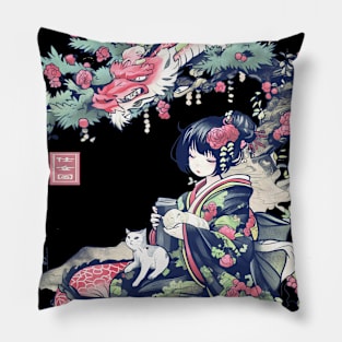 Japanese Girl With Dragon and Cats T-Shirt 06 Pillow