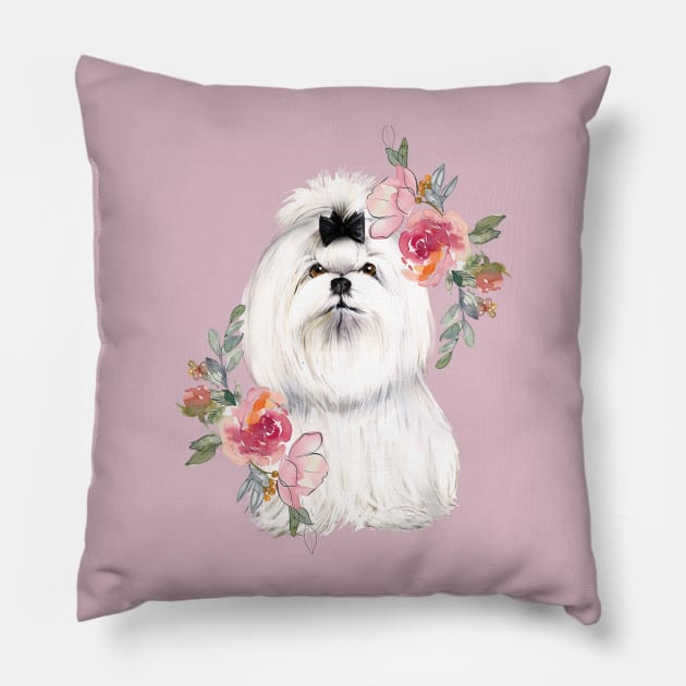 Cute White Shih Tzu with Flowers Watercolor Art Pillow by AdrianaHolmesArt