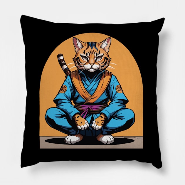 Peaceful Warrior: Bengal Cat Ninja Meditates Pillow by Arcanum Luxxe Store