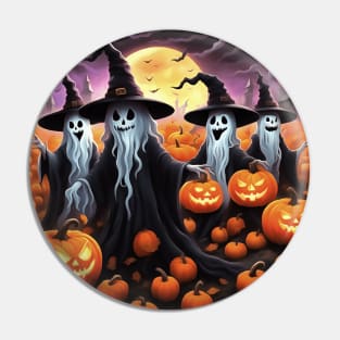 Fun Halloween Ghost Wearing Witches Hats With Jack O Lanterns Pin