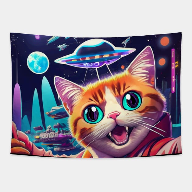 Funny Cat Alien UFO Selfie Tapestry by Etopix