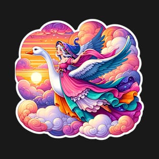 Enchanting Sunset Ride Mystical Woman and Swan Illustration T-Shirt