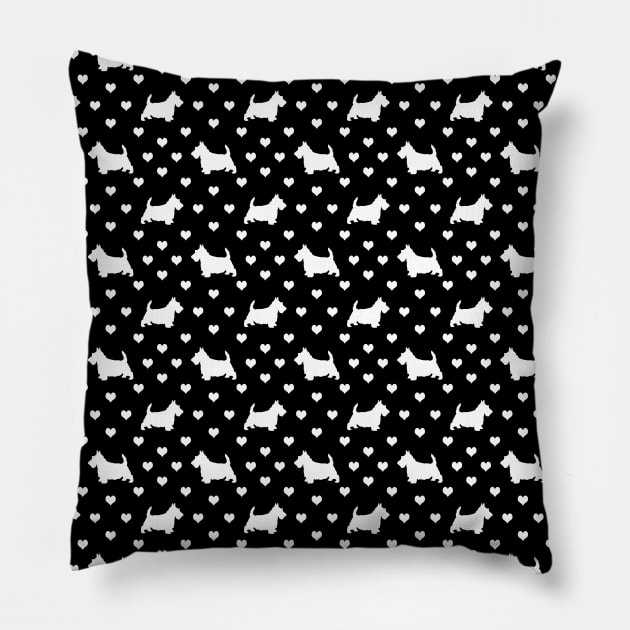 White Scottish Terriers (Scottie Dogs) & Hearts on Black Pillow by karenmcfarland13