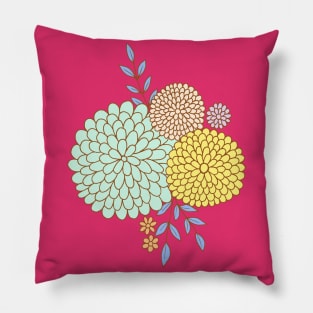 Retro flower garden botanical design in viva magenta and turquoise Pillow