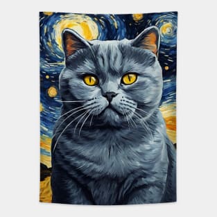 British Shorthair Cat Breed Painting in a Van Gogh Starry Night Art Style Tapestry