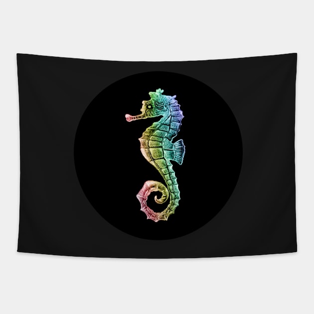 Rainbow Gradient Seahorse on Black Tapestry by Neginmf