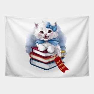 My TBR List Funny Sky Blue Book Stack Cute Coquette Kitten wearing Blue Bow and Ribbon with Red Bookmark for Book Lovers, Book Readers and White Cat Lovers Tapestry