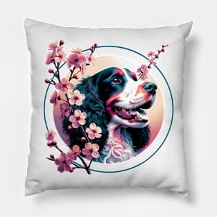 Joyful Irish Water Spaniel Amidst Spring Cherry Blossoms Pillow