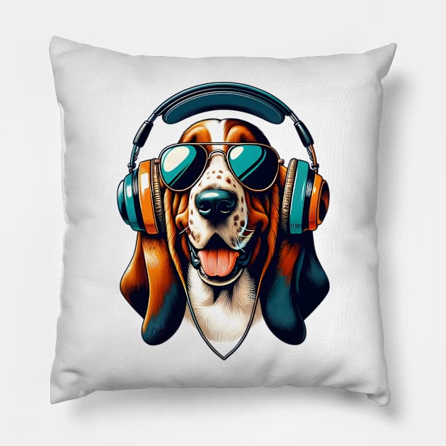 Basset Fauve de Bretagne Smiling DJ with Headphones Pillow by ArtRUs