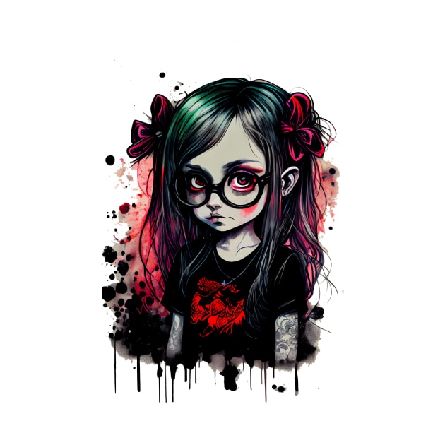 Cartoon little girl with glasses in gothic style at school T-Shirt by MLArtifex