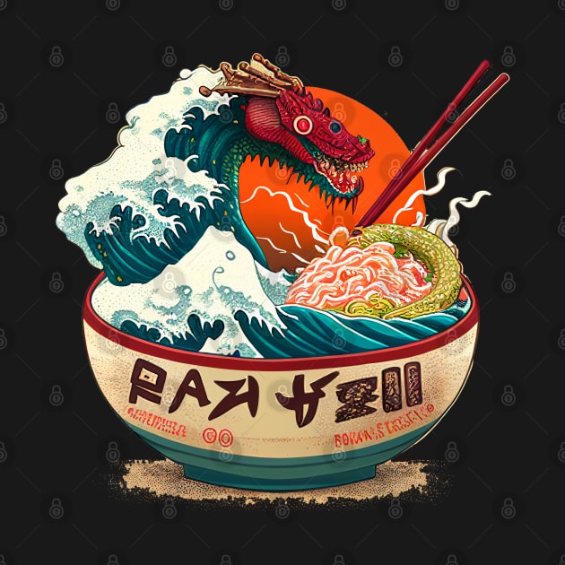 Ramen of Kanagawa monster dragon in sea front of sun by BOM TSHIRTS