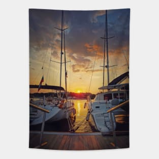 Sunset scene at the harbor Tapestry