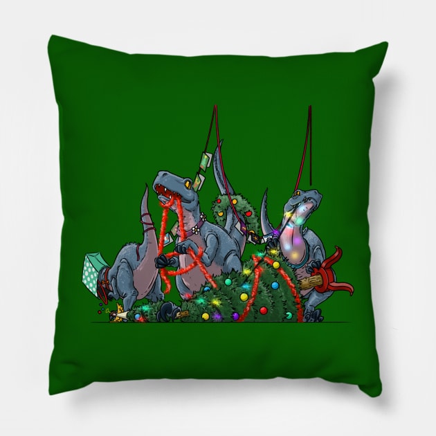 Velociraptor Dinosaur Christmas Decoration Demolition Pillow by Big Appetite Illustration