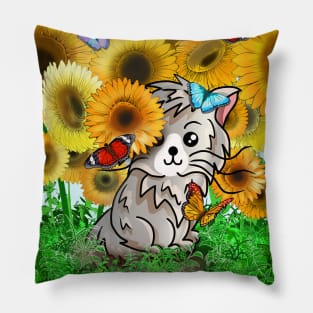 Cute cartoon cat and butterflies in a sunflower field Pillow