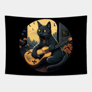 Alone Cool Black Cat Playing Guitar Bass - Love Cats Tapestry