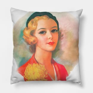 vintage drawing of chic blonde girl with beret Pillow