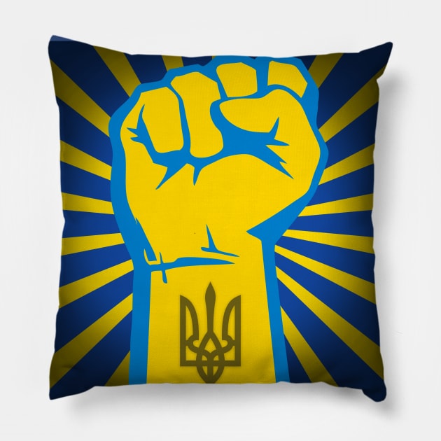 Peace for Ukraine! I Stand With Ukraine. Powerful Freedom, Fist in Ukraine's National Colors of Blue and Gold (Yellow) and Ukraine's Coat of Arms on the Wrist with Blue and Gold (Yellow) Sunburst Pillow by Puff Sumo