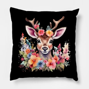 A deer decorated with beautiful watercolor flowers Pillow