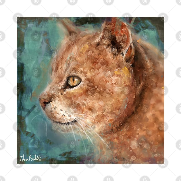 Painting of an Orange Cat Portrait in Profile on Turquoise Background by ibadishi