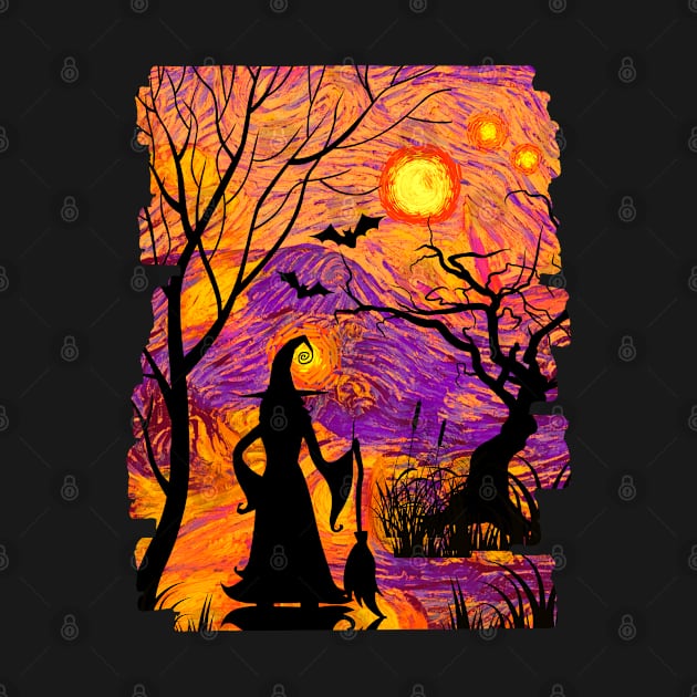 Halloween Scene Witch And Bats Scary Haunted Nighttime Forest by egcreations