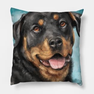 Painting of a Smiling Rottweiler with an Adorable Expression - Light Blue Spattered Background Pillow