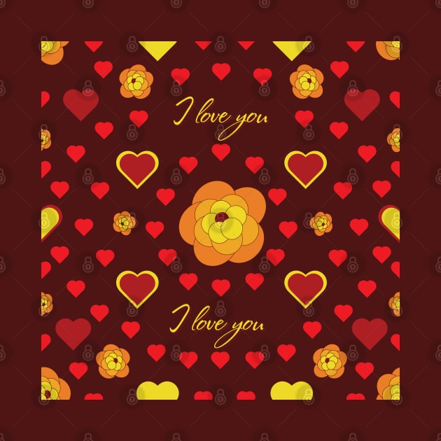 Golden flowers on a red background and a heart with the words "I love you". St. Valentine's Day. by ClubFate