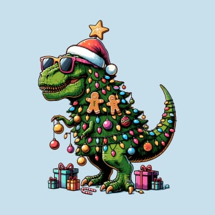 Tree-Rex Holiday Dinosaur - Christmas Tree T-Rex TreeRex Pun with Santa Hat, Lights and Ornaments T-Shirt