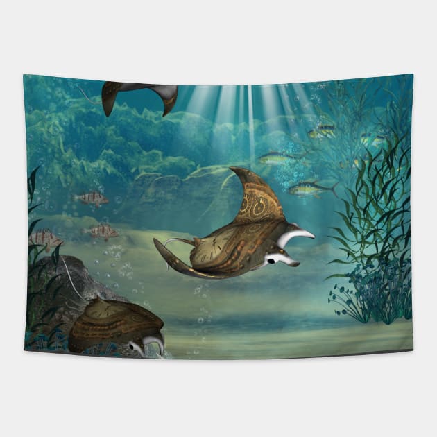 manta, steampunk, ocean, sea, fish, animal, fantasy, swimming, water, bubble Tapestry by Nicky2342