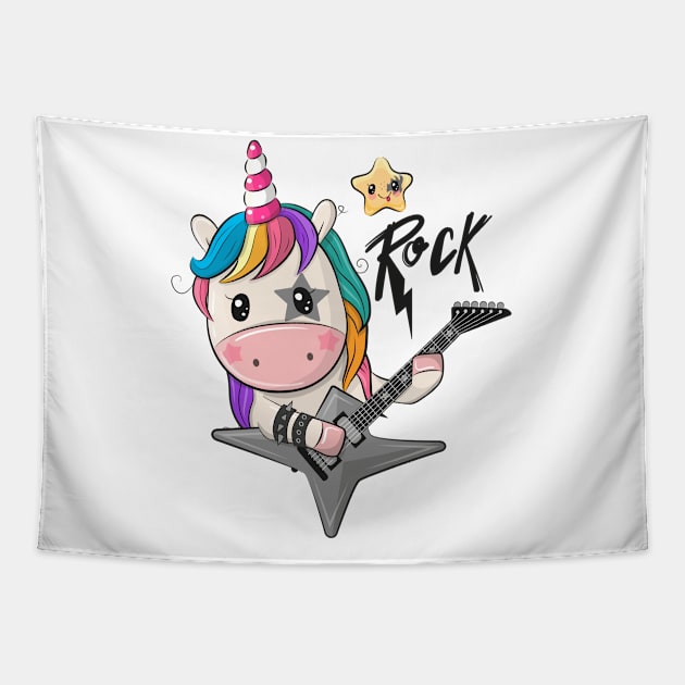 A cool unicorn with a guitar and the inscription Rock Tapestry by Reginast777