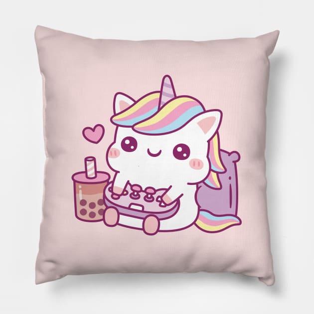 Cute Little Unicorn Loves Playing Video Games Pillow by rustydoodle