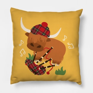 Highland Cattle Play Bagpipes - Orange Pillow